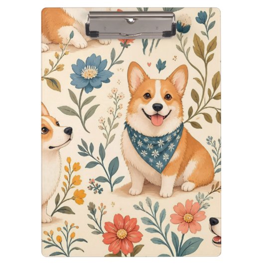 Niedlicher Corgi-Blumengarten-Muster Klemmbrett (Vorderseite)