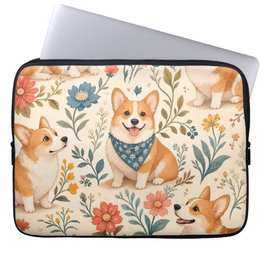 Niedlicher Corgi-Blumengarten-Muster Laptopschutzhülle (Vorderseite)