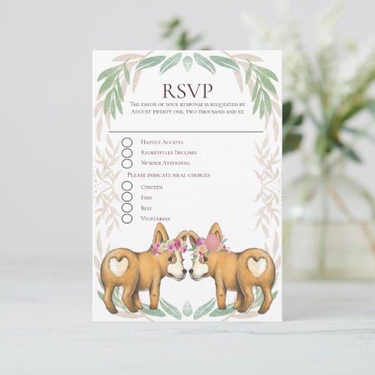 Niedlicher Corgi Dog Two Brides Gay Wedding RSVP (Stehend Vorderseite)