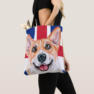 Niedlicher Corgi Hund auf der britischen Flagge de Tasche