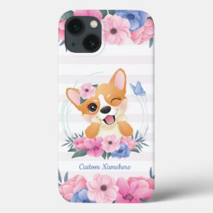 Niedlicher Corgi Hund Blume Wreath Blue Butterfly Case-Mate iPhone Hülle