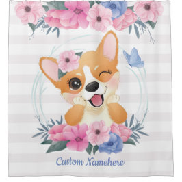 Niedlicher Corgi Hund Blume Wreath Blue Butterfly  Duschvorhang