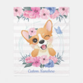 Niedlicher Corgi Hund Blume Wreath Blue Butterfly Fleecedecke (Vorderseite)