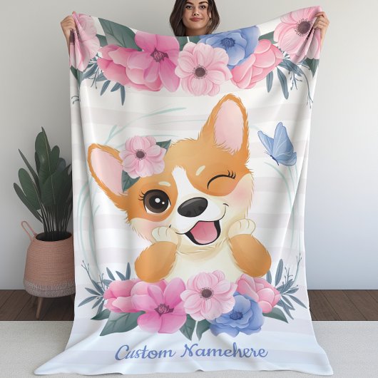 Niedlicher Corgi Hund Blume Wreath Blue Butterfly Fleecedecke