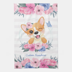 Niedlicher Corgi Hund Blume Wreath Blue Butterfly  Geschirrtuch