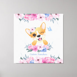 Niedlicher Corgi Hund Blume Wreath Blue Butterfly Leinwanddruck