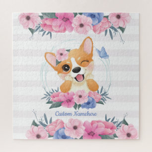 Niedlicher Corgi Hund Blume Wreath Blue Butterfly Puzzle