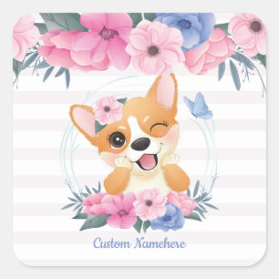 Niedlicher Corgi Hund Blume Wreath Blue Butterfly Quadratischer Aufkleber