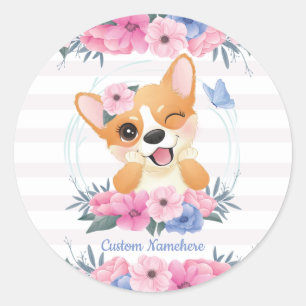 Niedlicher Corgi Hund Blume Wreath Blue Butterfly Runder Aufkleber