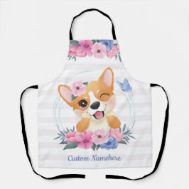 Niedlicher Corgi Hund Blume Wreath Blue Butterfly  Schürze