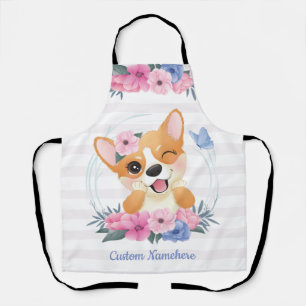 Niedlicher Corgi Hund Blume Wreath Blue Butterfly Schürze