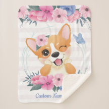 Niedlicher Corgi Hund Blume Wreath Blue Butterfly