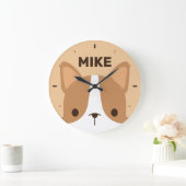 Niedlicher Corgi Hund mit Personalisiertem Namen G Große Wanduhr (Zuhause)