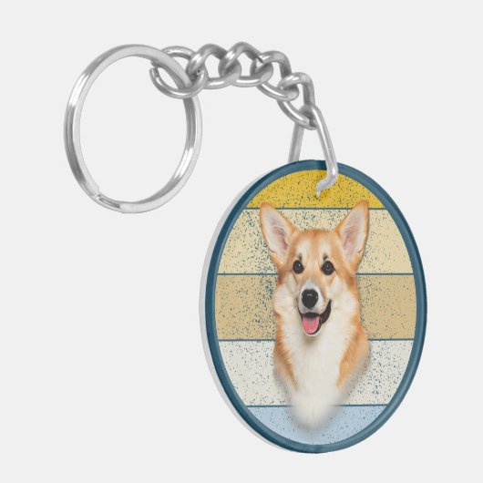 Niedlicher Corgi Hund Retro Hintergrund Schlüsselanhänger (Vorderseite links)