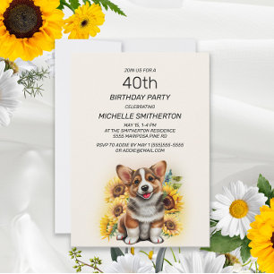 Niedlicher Corgi Hund Sonnenblumen 40. Geburtstag Einladung