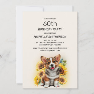 Niedlicher Corgi Hund Sonnenblumen 60. Geburtstag Einladung