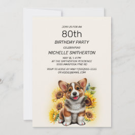 Niedlicher Corgi Hund Sonnenblumen 80. Geburtstag Einladung