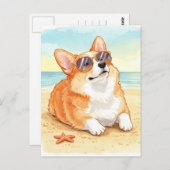 Niedlicher Corgi in Sonnenbrille am Strand Postcar Postkarte (Vorne/Hinten)