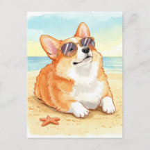 Niedlicher Corgi in Sonnenbrille am Strand Postcar