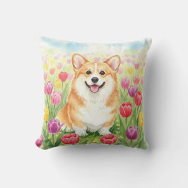 Niedlicher Corgi Tulips Frühlingspilz Kissen