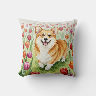 Niedlicher Corgi Tulips Frühlingspilz Kissen