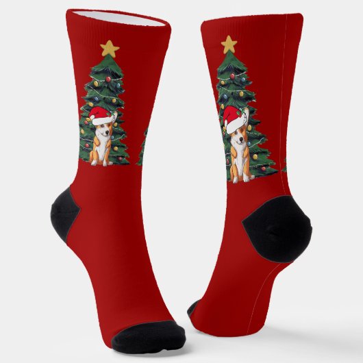 Niedlicher Corgi Weihnachtsbaum Roter Feiertag Socken (Gewinkelt)