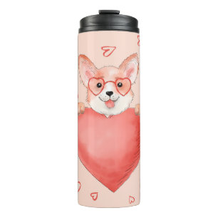 Niedlicher Corgi Welpe mit Herzbrille Thermosbecher