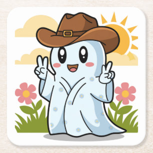 Niedlicher Cowboy-Geist zu Halloween-Fun-Dekoratio Rechteckiger Pappuntersetzer