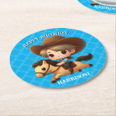 Niedlicher Cowboy und Pferde Western Geburtstag Runder Pappuntersetzer (Angewinkelt)
