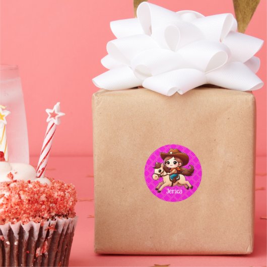 Niedlicher Cowgirl und Horse Western Rosa Runder Aufkleber (Party)