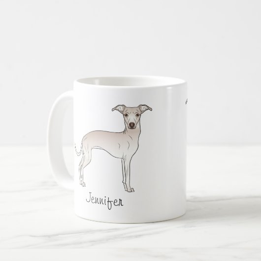 Niedlicher, cremiger, griechischer Cartoon-Hund Kaffeetasse (Vorderseite Links)