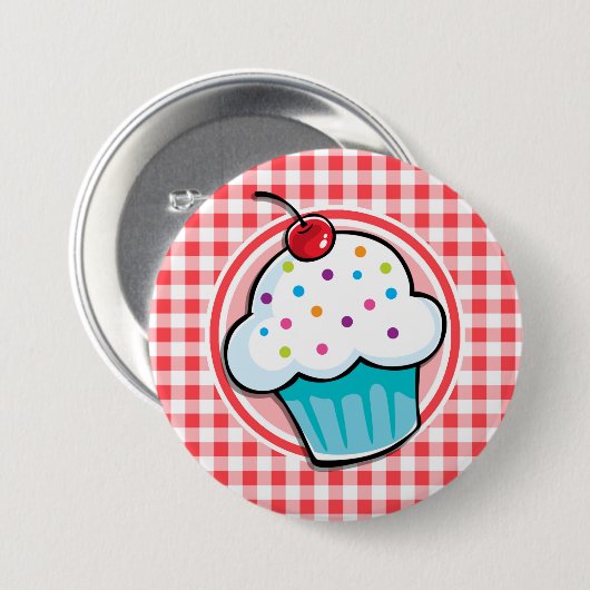 Niedlicher Cupcake auf Rot und Weiß Gingham Button (Vorne & Hinten)