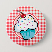 Niedlicher Cupcake auf Rot und Weiß Gingham Button (Vorderseite)