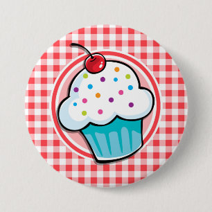 Niedlicher Cupcake auf Rot und Weiß Gingham Button