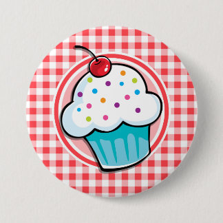 Niedlicher Cupcake auf Rot und Weiß Gingham Button