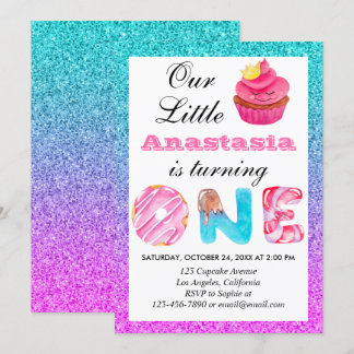 Niedlicher Cupcake Blue Lila Glitzer 1. Geburtstag Einladung