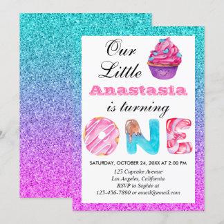 Niedlicher Cupcake Blue Lila Glitzer 1. Geburtstag Einladung