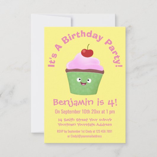Niedlicher Cupcake Cartoon Einladung (Vorderseite)