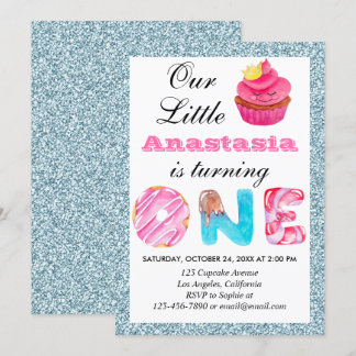 Niedlicher Cupcake Light Blue Glitzer 1. Geburtsta Einladung