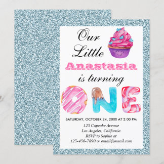 Niedlicher Cupcake Light Blue Glitzer 1. Geburtsta Einladung