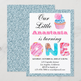 Niedlicher Cupcake Light Blue Glitzer 1. Geburtsta Einladung