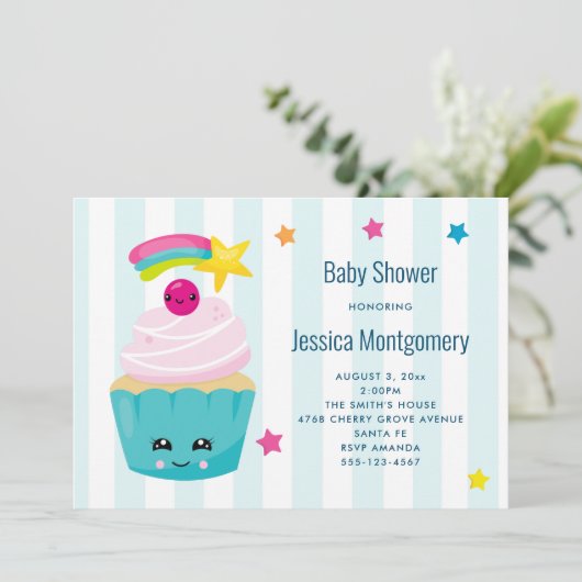 Niedlicher Cupcake mit Kawaii Face Baby Dusche Einladung (Stehend Vorderseite)