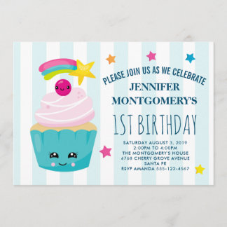 Niedlicher Cupcake mit Kawaii Face Geburtstag Einladung
