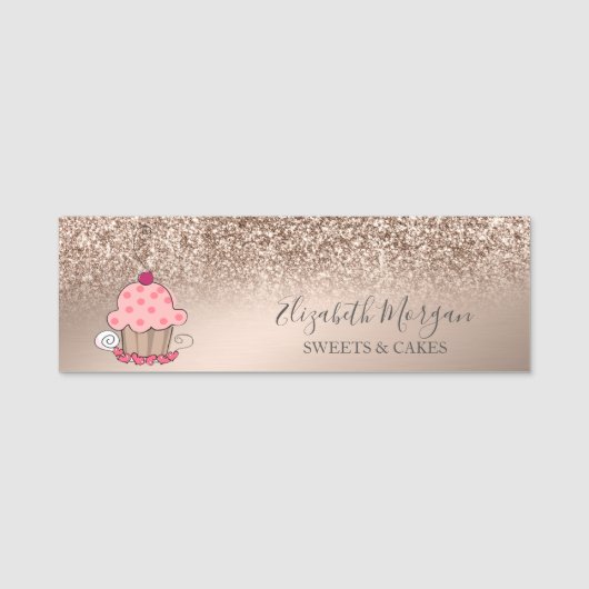 Niedlicher Cupcake, Rose Gold Glitzer Namensschild (Vorderseite)