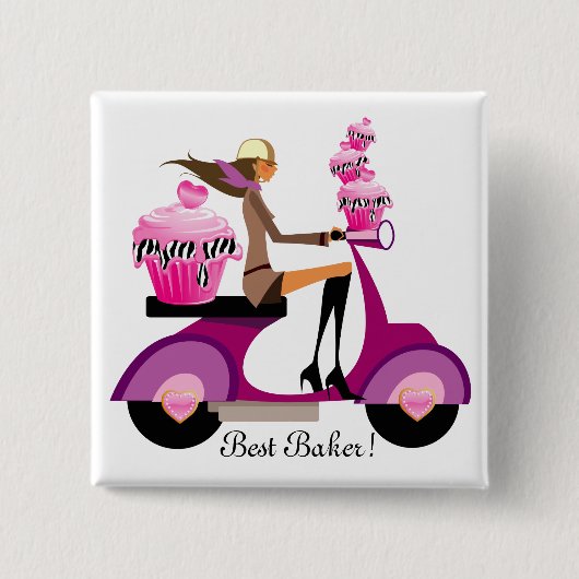 Niedlicher Cupcake Scooter Girl Button Pink Zebra (Vorderseite)