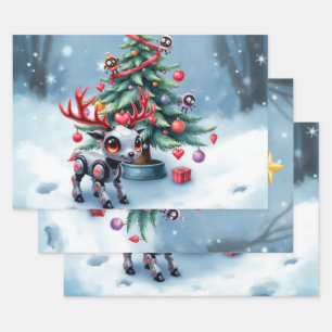 Niedlicher Cyberpunk-Rentier mit Weihnachtsbaum Geschenkpapier Set