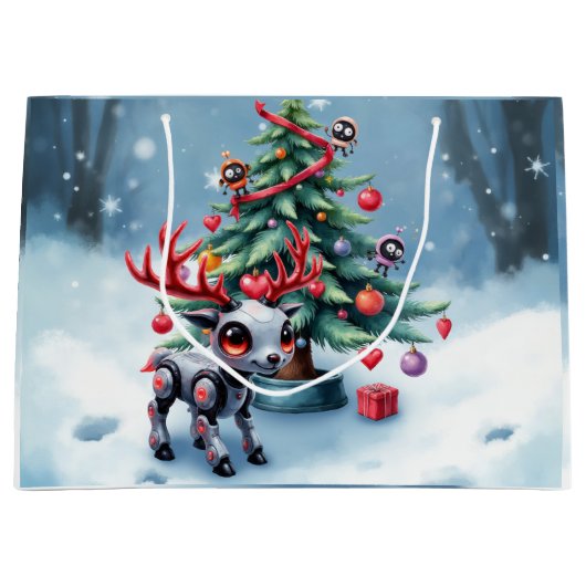 Niedlicher Cyberpunk-Rentier mit Weihnachtsbaum Große Geschenktüte (Vorderseite)