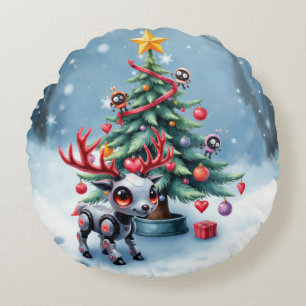 Niedlicher Cyberpunk-Rentier mit Weihnachtsbaum Rundes Kissen