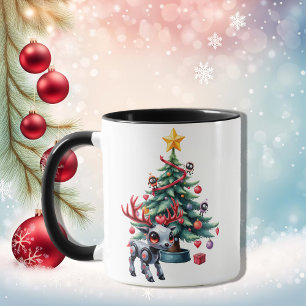 Niedlicher Cyberpunk-Rentier mit Weihnachtsbaum Tasse