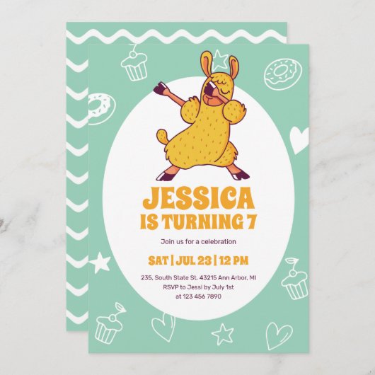 Niedlicher Dabbing Llama Cartoon Kindergeburtstag Einladung (Vorne/Hinten)